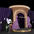 Elegant Wedding Stage with Purple Curtains Wooden Arch Lights Silhouette Figures and Gold Edges