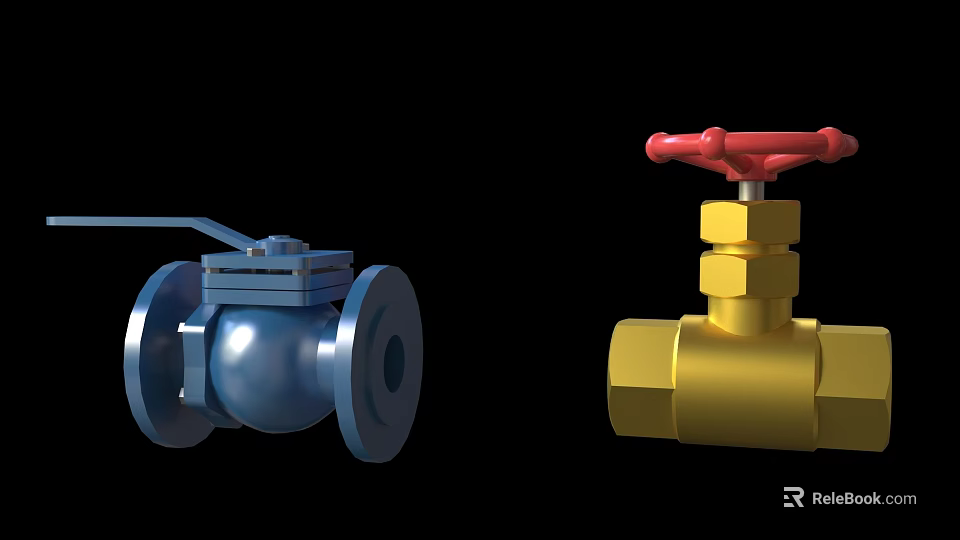 Blue Ball Valve And Gold Globe Valve With Red Handle Industrial Fittings 3d model 