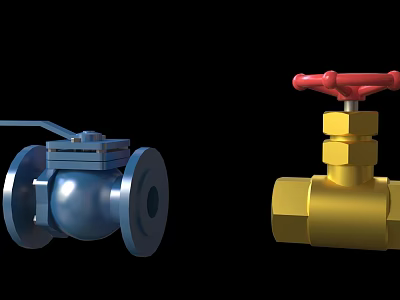 Blue Ball Valve And Gold Globe Valve With Red Handle Industrial Fittings 3d model