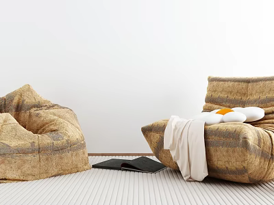 Two Textured Brown Fabric Single Sofas With White Blanket And Black Notebook 3d model
