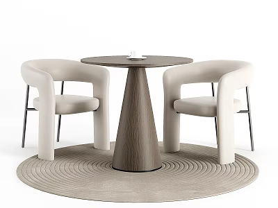 Round Wooden Table With Beige Armchairs And Black Metal Legs On Woven Rug 3d model