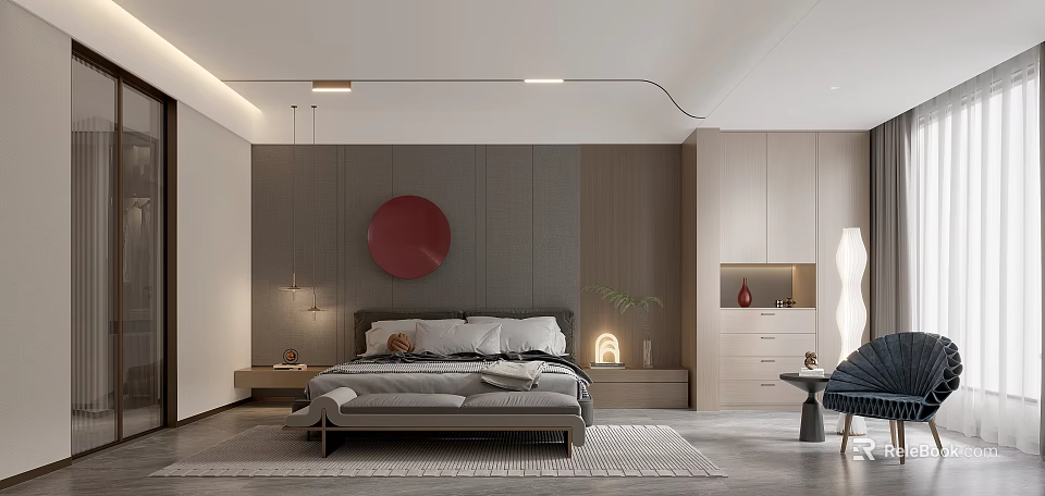Modern Bedroom Interior With Bed Nightstand Wardrobe Round Art Hanging Lights And Rug 3d model 