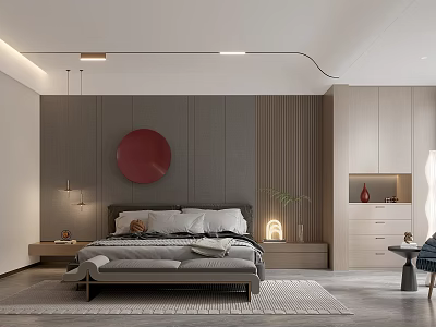 Modern Bedroom Interior With Bed Nightstand Wardrobe Round Art Hanging Lights And Rug 3d model