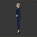 3D Model Woman In Blue Suit Standing With Outstretched Arms On Gray Background