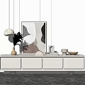 Modern Minimalist White TV Stand with Abstract Painting Vase and Decorative Items