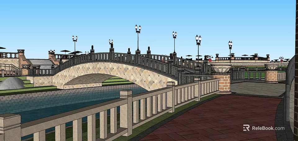 Garden Landscape Design With Arch Bridge Water Railing And Lampposts 3d model 