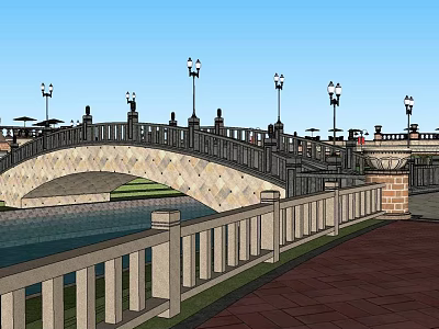 Garden Landscape Design With Arch Bridge Water Railing And Lampposts 3d model