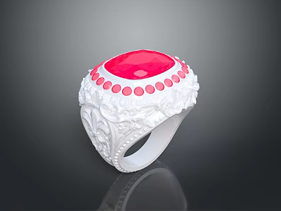 Elegant White Carved Ring With Red Gemstone And Pink Dots Design 3d model