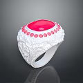 Elegant White Carved Ring With Red Gemstone And Pink Dots Design