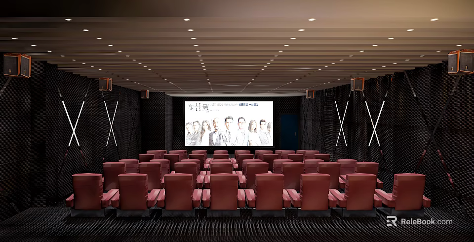 Cinema Auditorium Interior With Rows Of Red Seats Large Screen And Modern Lighting 3d model 