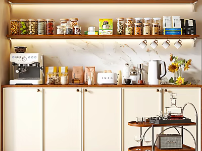 Elegant Sideboard with White Cabinets and Shelves Holding Jars Coffee Machine Sunflowers and Food Packages 3d model