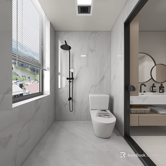 Modern Bathroom Interior Design With Marble Walls Shower Toilet Vanity Mirror And Window Blinds 3d model 