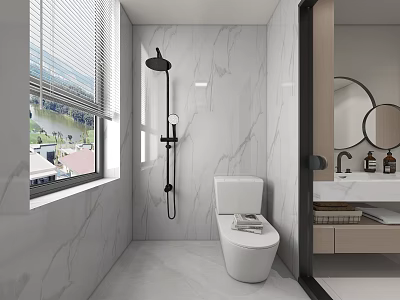 Modern Bathroom Interior Design With Marble Walls Shower Toilet Vanity Mirror And Window Blinds 3d model