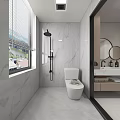 Modern Bathroom Interior Design With Marble Walls Shower Toilet Vanity Mirror And Window Blinds