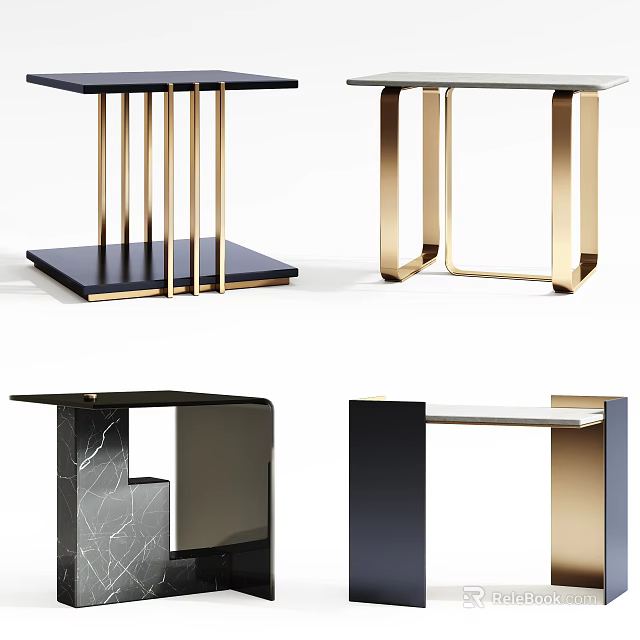 Elegant Modern Sidetables With Gold Metal Legs And Black Marble Tops 3d model 