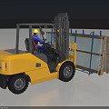 Yellow Industrial Forklift With Operator Handling Wooden Pallet Cargo Safely