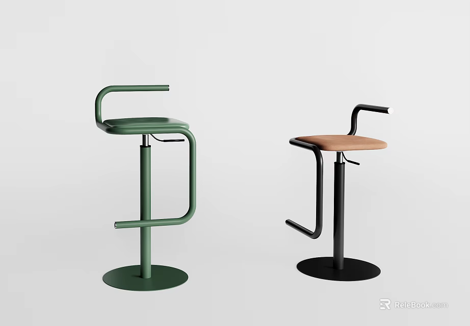Modern Green And Black Bar Stools With Adjustable Height And Round Base Design 3d model 