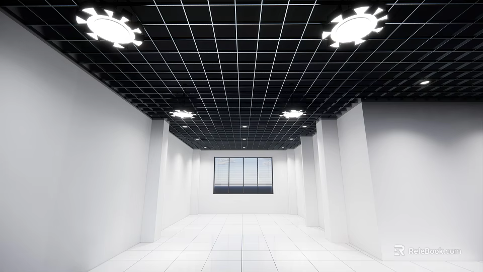 Black and White Grid Ceiling with Four Ceiling Lights White Walls and Central Window 3d model