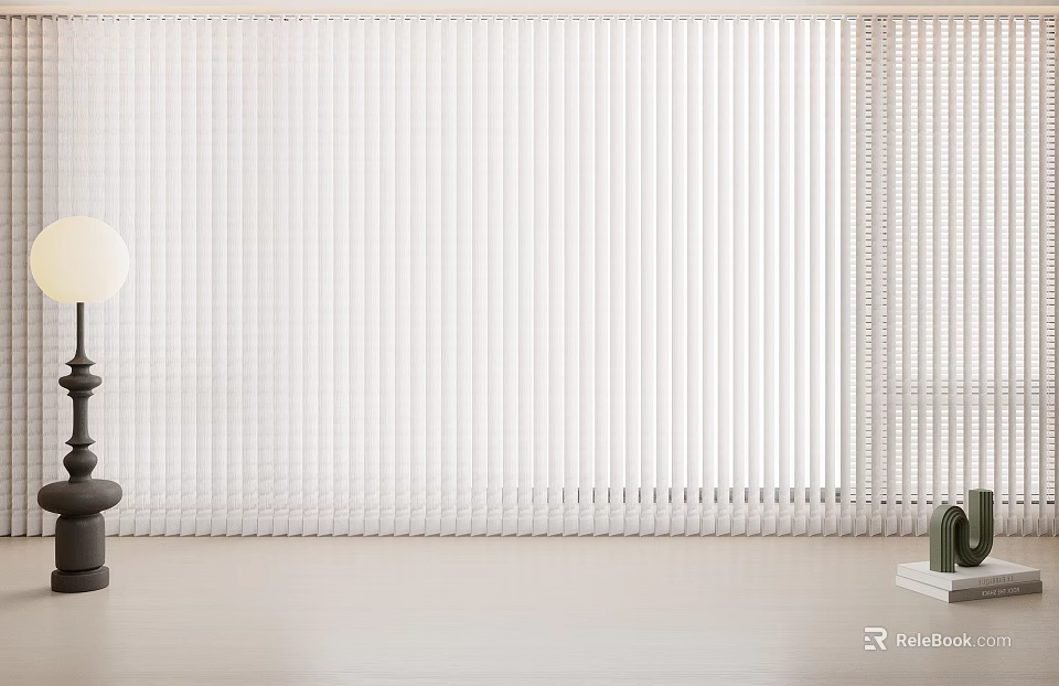 White Vertical Blinds In Modern Minimalist Room With Lamp And Green Plant 3d model 