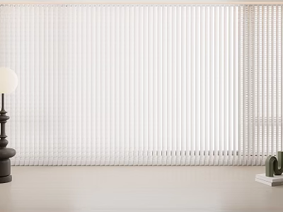 White Vertical Blinds In Modern Minimalist Room With Lamp And Green Plant 3d model