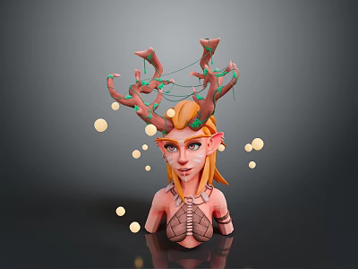 Elven Game Movie Character With Antlers Glowing Orbs Pointed Ears And Blonde Hair 3d model