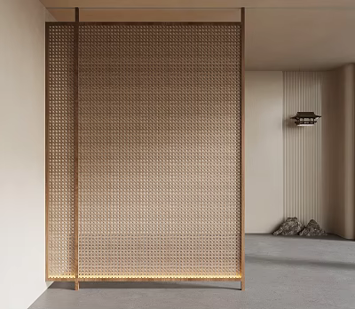 Golden Metal Screen With Grid Design In Modern Minimalist Interior Space 3d model