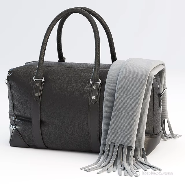 Elegant Black Leather Bag With Gray Scarf 3d model 