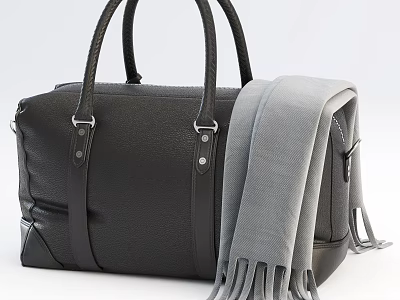 Elegant Black Leather Bag With Gray Scarf 3d model