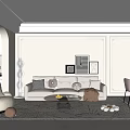 Modern Living Dining Room Interior With White Sofa Coffee Table Rug And Decorative Paintings