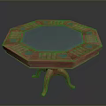 Octagonal Wooden Table with Blue Surface and Circular Dots Decorations on Three Legged Base
