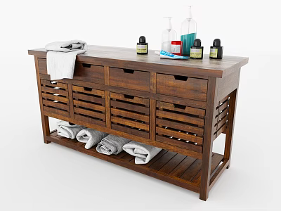Wooden Entryway Console Table With Drawers Slatted Doors Top Towels Toiletries Lower Folded Towels 3d model