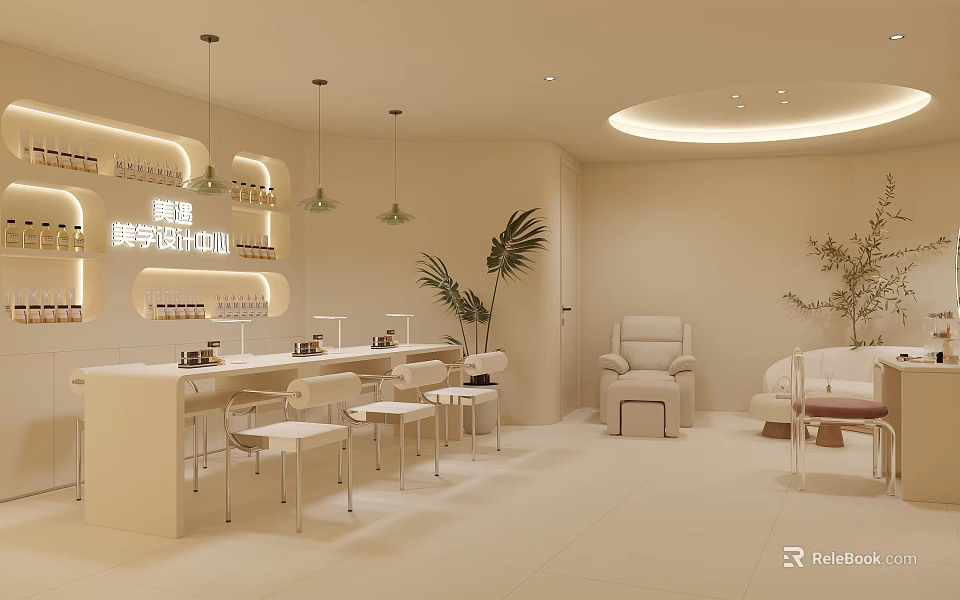 Modern Minimal Cream Tone Beauty Salon Interior Design With Comfortable Manicure And Hair Care Spaces 3d model 