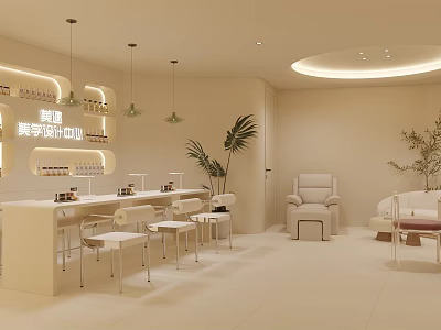 Modern Minimal Cream Tone Beauty Salon Interior Design With Comfortable Manicure And Hair Care Spaces 3d model