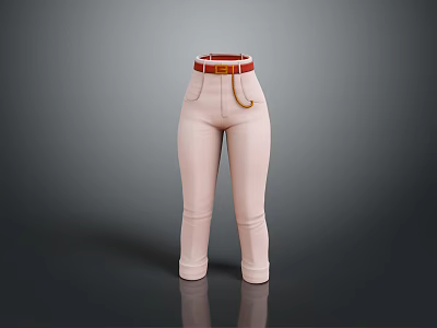 Pink High Waisted Pants With Red Belt And Gold Buckle Detail 3d model