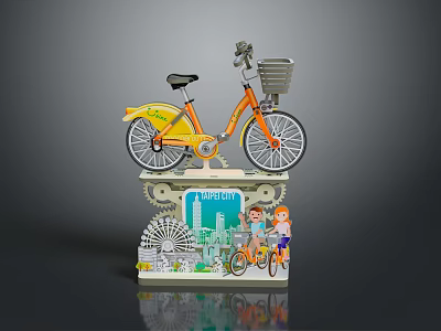 Orange Bicycle Decorative Model with Liverpool Cityscape Ferris Wheel and Children Figures 3d model