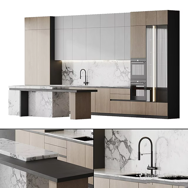 Elegant Modern Kitchen With Wooden Cabinets Marble Countertop And Faucet Appliances 3d model 