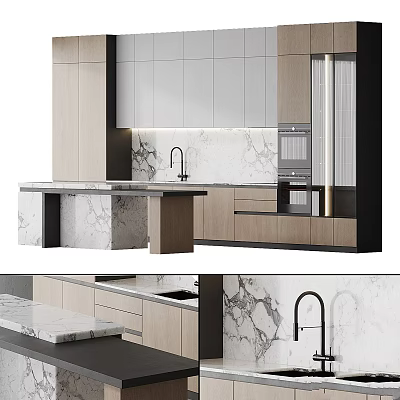 Elegant Modern Kitchen With Wooden Cabinets Marble Countertop And Faucet Appliances 3d model