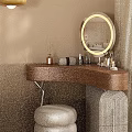 Modern Dressing Table with Round Lighted Mirror Padded Stool and Cosmetics in Bedroom