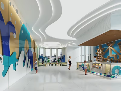 Modern Store Front Desk With Wavy Colorful Decor Curved Ceiling And Bright Display Area 3d model