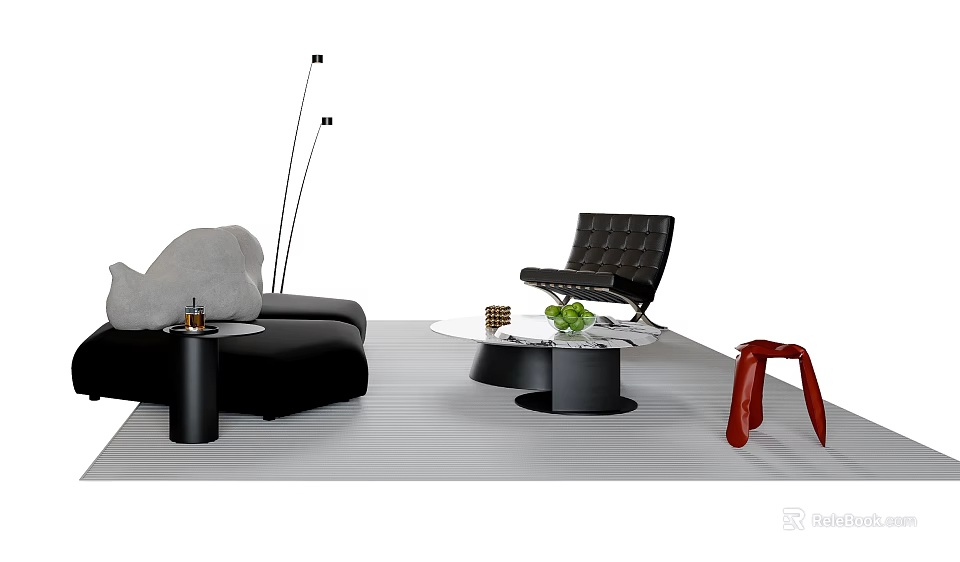Modern Black Sofa And White Coffee Table Set With Accent Chair And Floor Lamp 3d model 