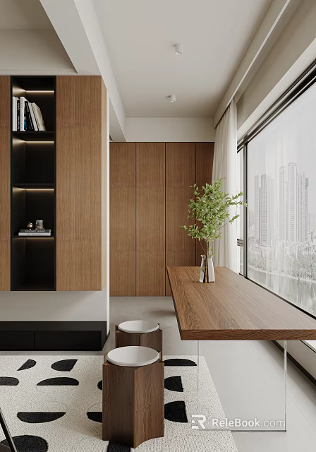 Modern Dining Living Room Interior With Wooden Furniture Large Windows City View And Green Plant 3d model 