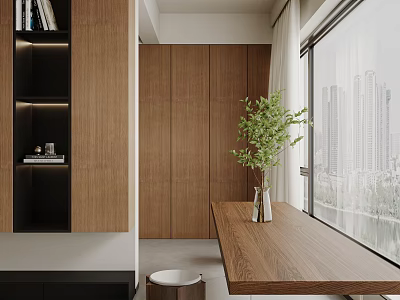 Modern Dining Living Room Interior With Wooden Furniture Large Windows City View And Green Plant 3d model