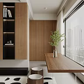 Modern Dining Living Room Interior With Wooden Furniture Large Windows City View And Green Plant
