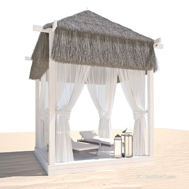 Garden Gazebo with Thatched Roof White Frame White Curtains Loungers and Lanterns for Outdoor Relaxation 3d model 