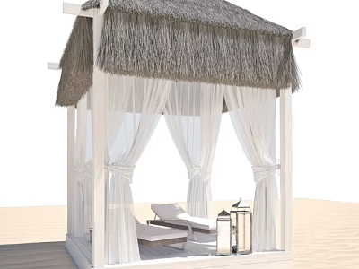 Garden Gazebo with Thatched Roof White Frame White Curtains Loungers and Lanterns for Outdoor Relaxation 3d model