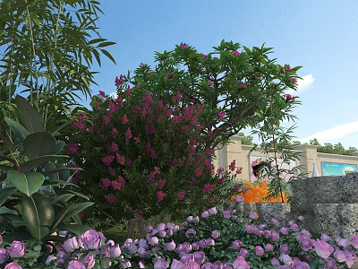 Elegant Garden Landscape With Pink Flowers Green Shrubs And Natural Stone Wall 3d model