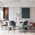 Modern Restaurant Interior With Dining Table Comfortable Chairs Decorative Artwork And Green Plants