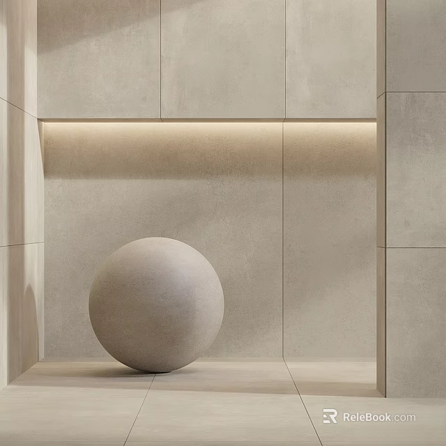 Minimalist Concrete Sphere Component With Light Beige Wall Built In Shelf And Soft Lighting 3d model