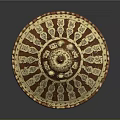 Ornate Round Shield With Red And Gold Intricate Carvings And Central Design