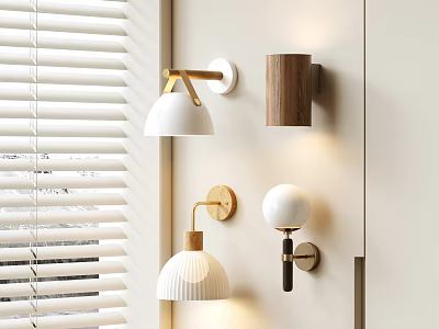 Modern Wall Lamps With Four Different Designs Wooden Parts White Shades And Metal Brackets 3d model